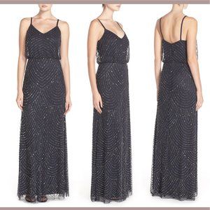 NEW‎ Adrianna Papell Art Deco Beaded Blouson Gown in Charcoal [SZ 4 ]